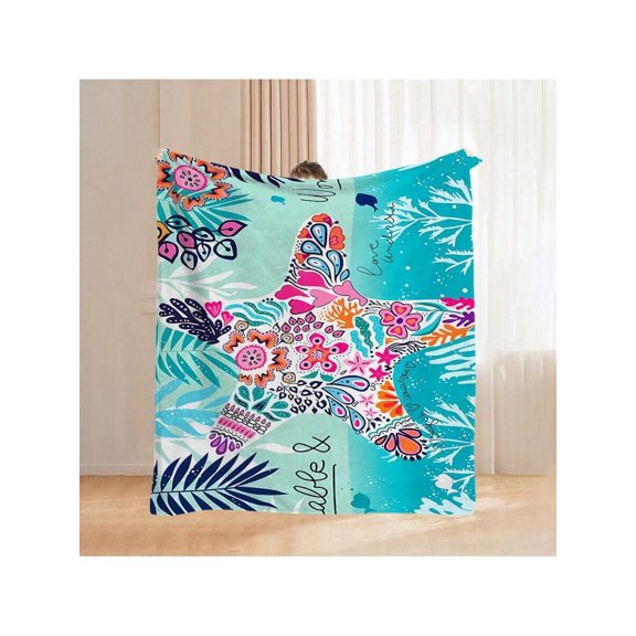 Multicolor 32 Starfish & Tropical Floral Flannel Throw Blanket - Ultra