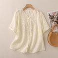 thumbnail image 2 of Womens Tops 2025 Plus Size Cotton and Linen Embroidered Blouses Button Up T-Shirt Short Sleeved V-Neck Top, 2 of 3
