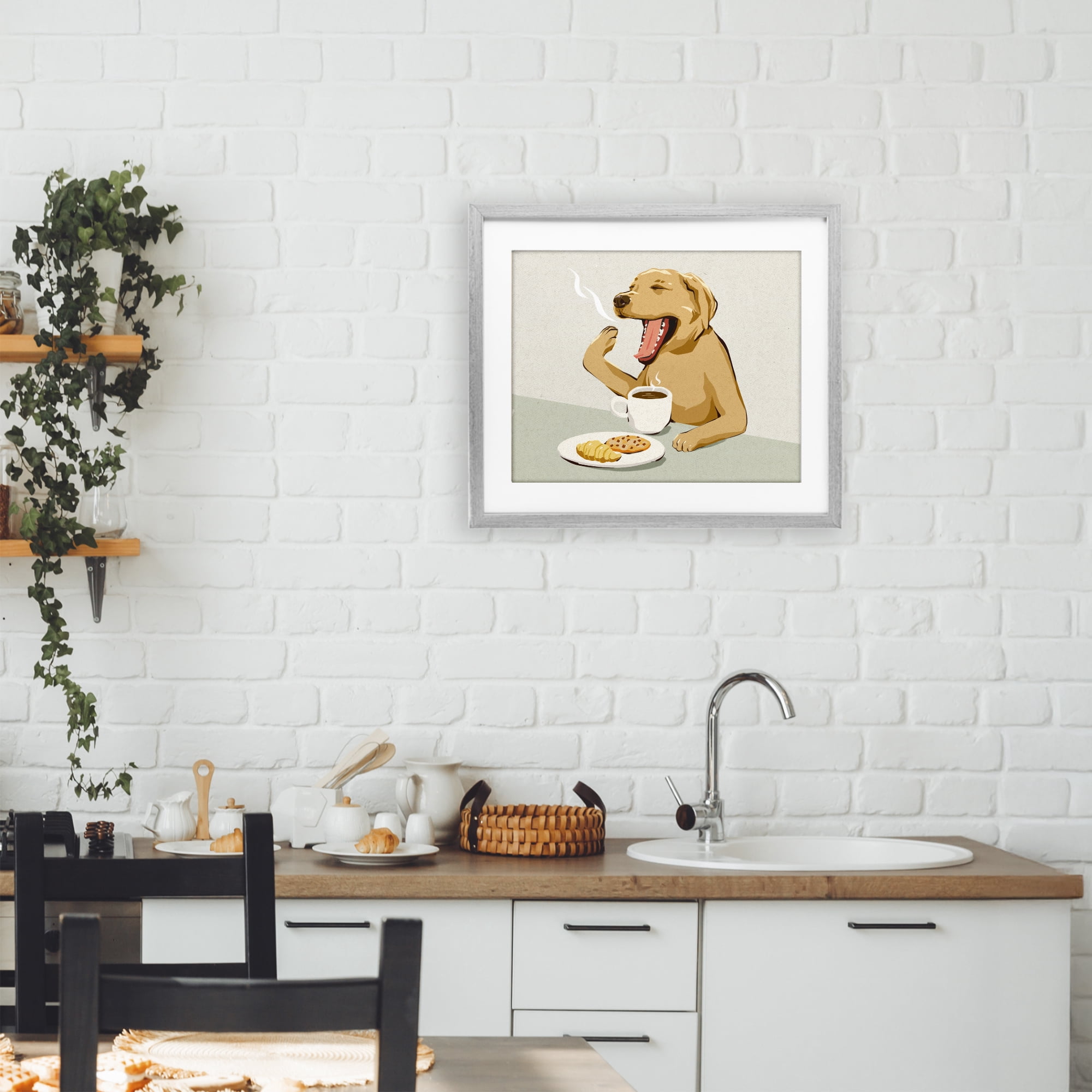 Stupell Industries Yawning Dog with Morning Coffee Gray Framed Print Under Glass, design by Ziwei Li