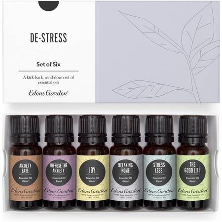 Edens Garden Essential Oils De-Stress 6 Set – 100% Pure Therapeutic Grade Undiluted Aromatherapy Blends For Relaxation Calming & Mood – Ideal For Diffusers Home Office & Self-Care 10 ml/ 6 Pack