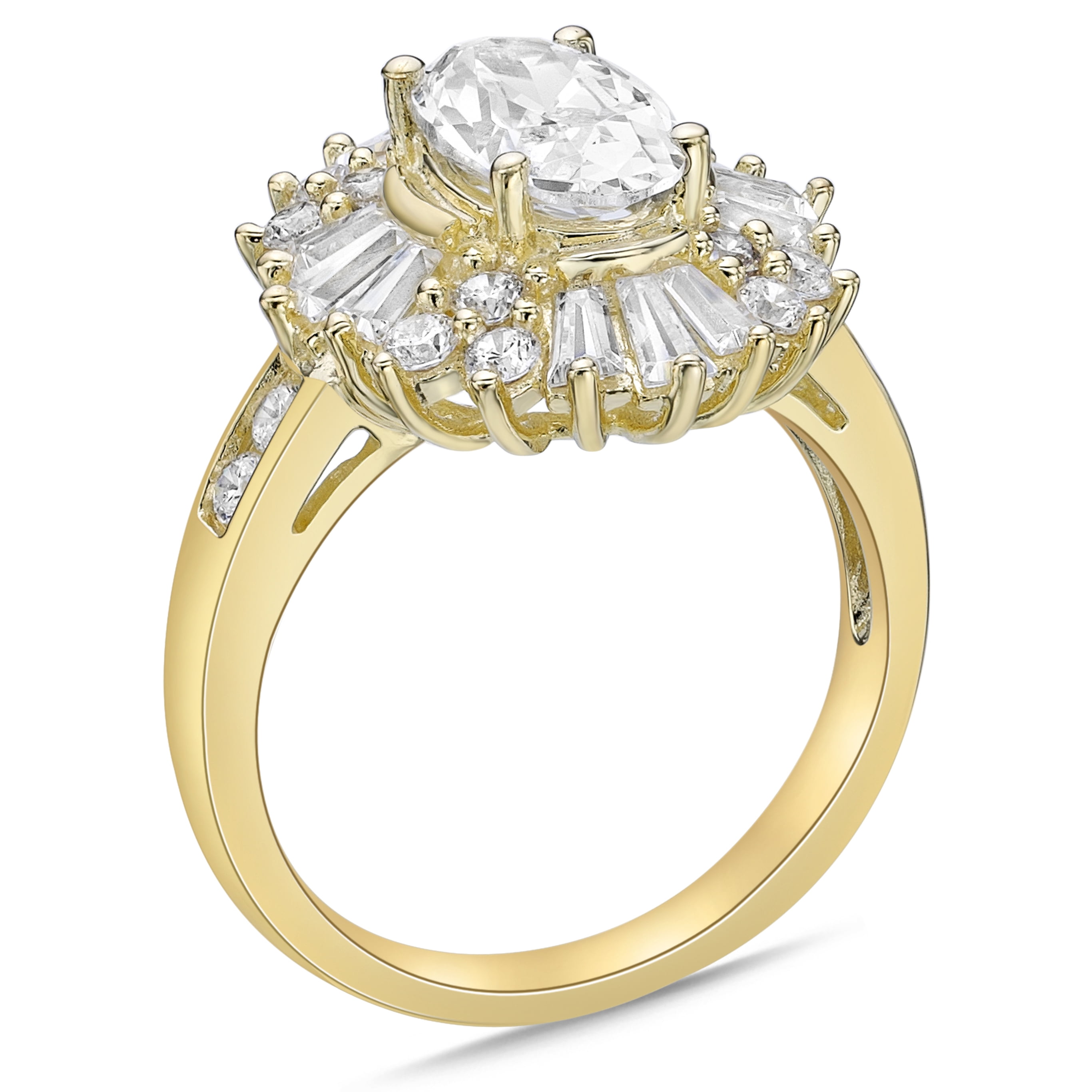 Sterling Silver with 14KY Gold Plated Pear Shape with Baguette Halo Simulated Diamond Cocktail Ring