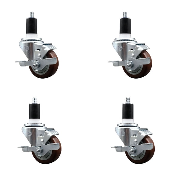 3 Inch Maroon Poly Swivel 1-1/2 Inch Expanding Stem Caster Set with Brake SCC