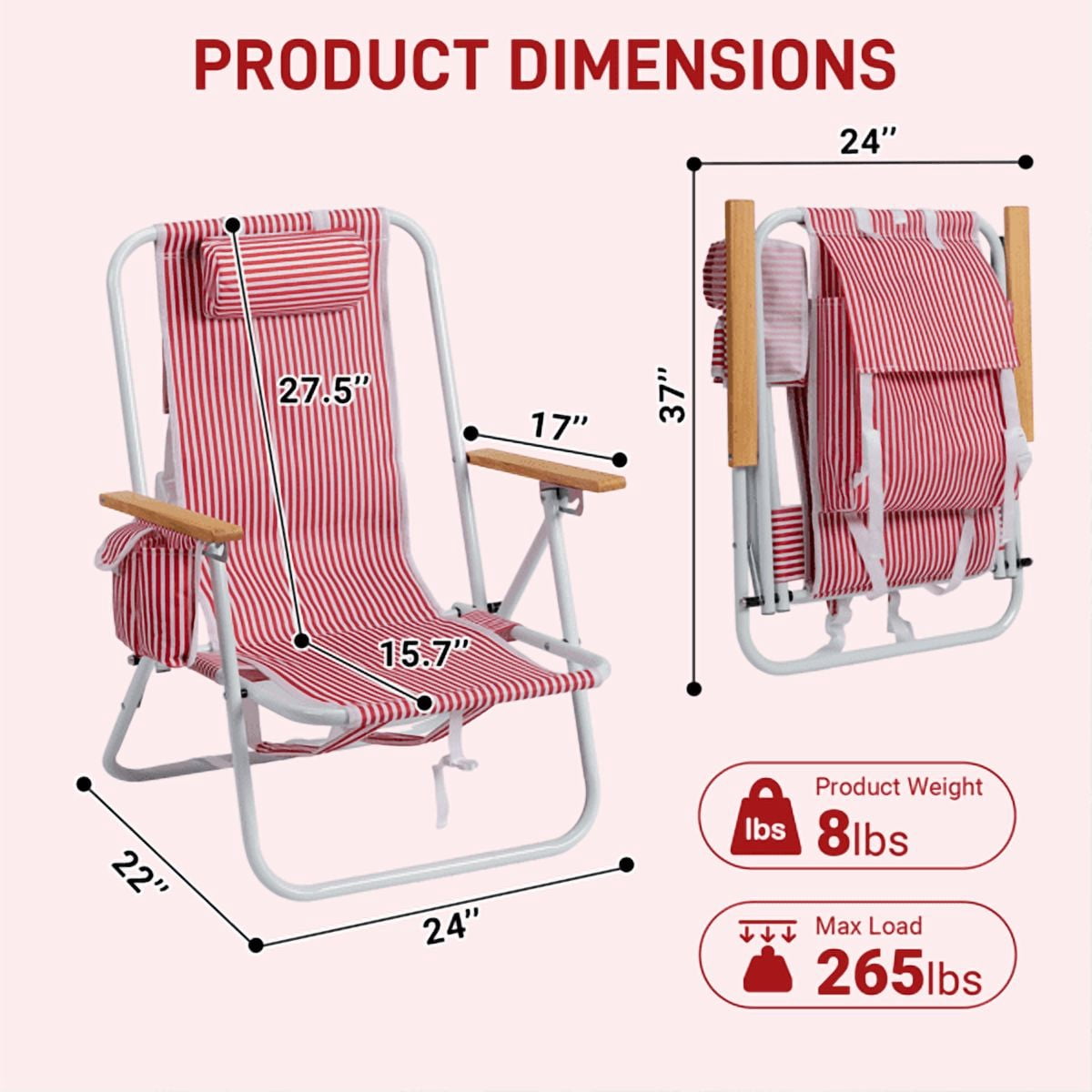 Alvantor 4-Position Backpack Beach Chair with Aluminum Frame, Wooden Armrests, Pillow and Pockets, Red Stripe