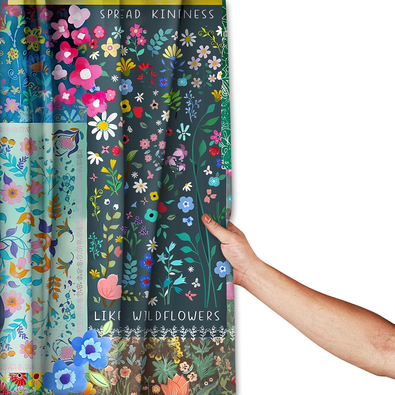 LVRLVR 1/4 Colorful Floral Patchwork & Kindness Affirmation Fabric Shower Curtain Rug Set - Bohemia Flower Bath Mat Bathroom Decoration,Multicolor, 70.8" × 70.8"