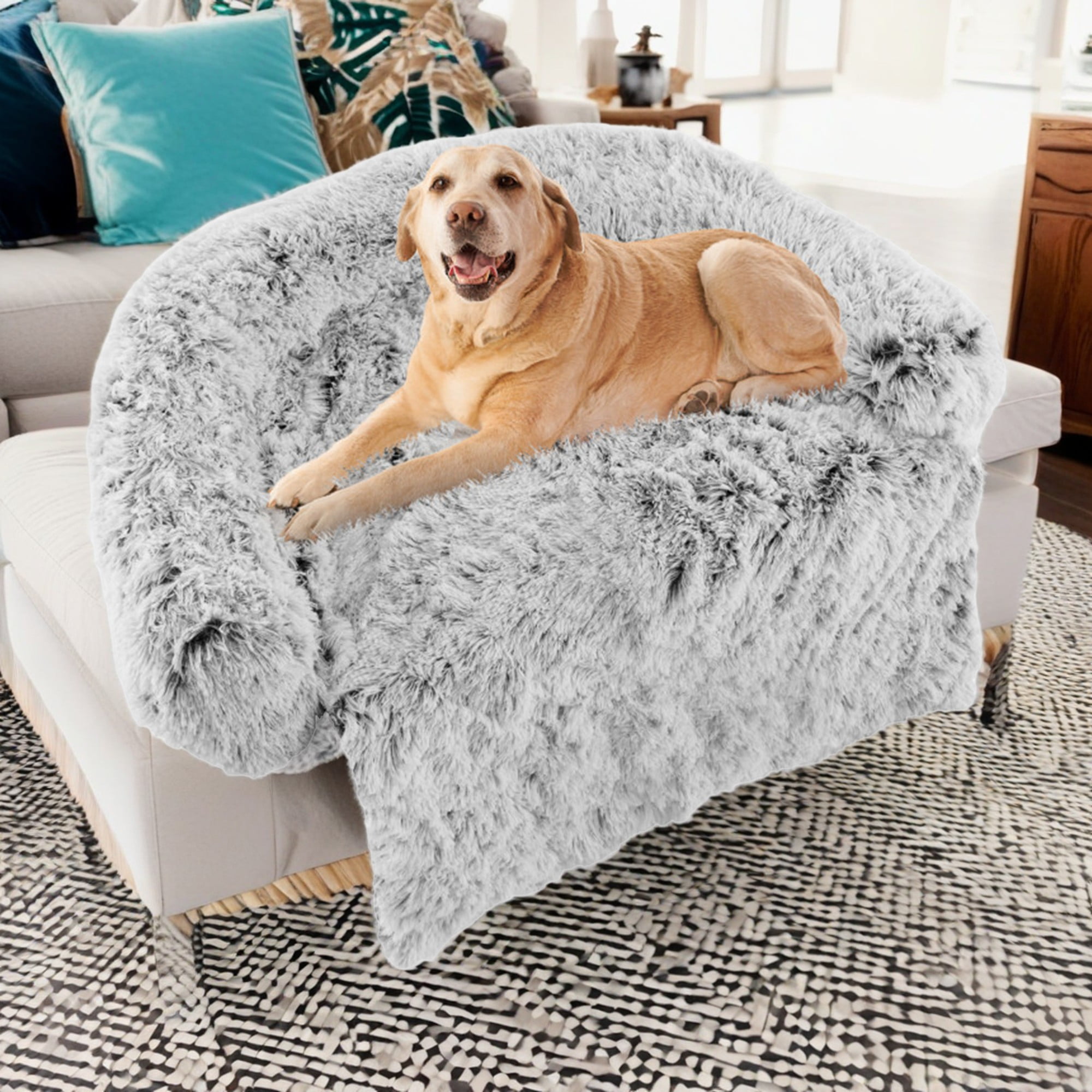 resenkos 40" Dog Bed for Couch, Calming Dog Beds for Large Dogs, Fluffy Plush Bed for Pets, Anti Anxiety Dog Bed with Removable Cover, Grey-S