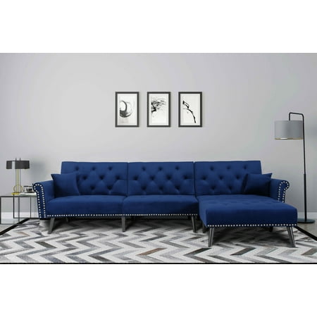 Customer Favorite L Shape Sectional Couch Reversible Chaise Aukfa 3 Seat Sofa Bed With Adjustable Back Sleeper Modern Velvet Fabric 2 Pillows For Living Room Navy Blue Accuweather Seat Sofa Bed, Blue Leather Sleeper Sofa Sectional