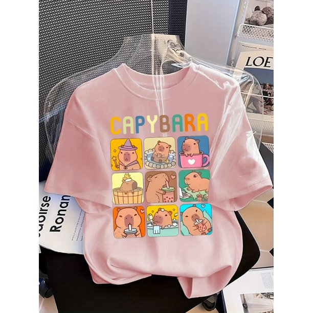 Camiseta holgada informal de verano para niña con estampado de carpincho. Camiseta negra transpirable con divertidas ilustraciones de animales. Lavable a máquina para uso diario en vacaciones. Camis