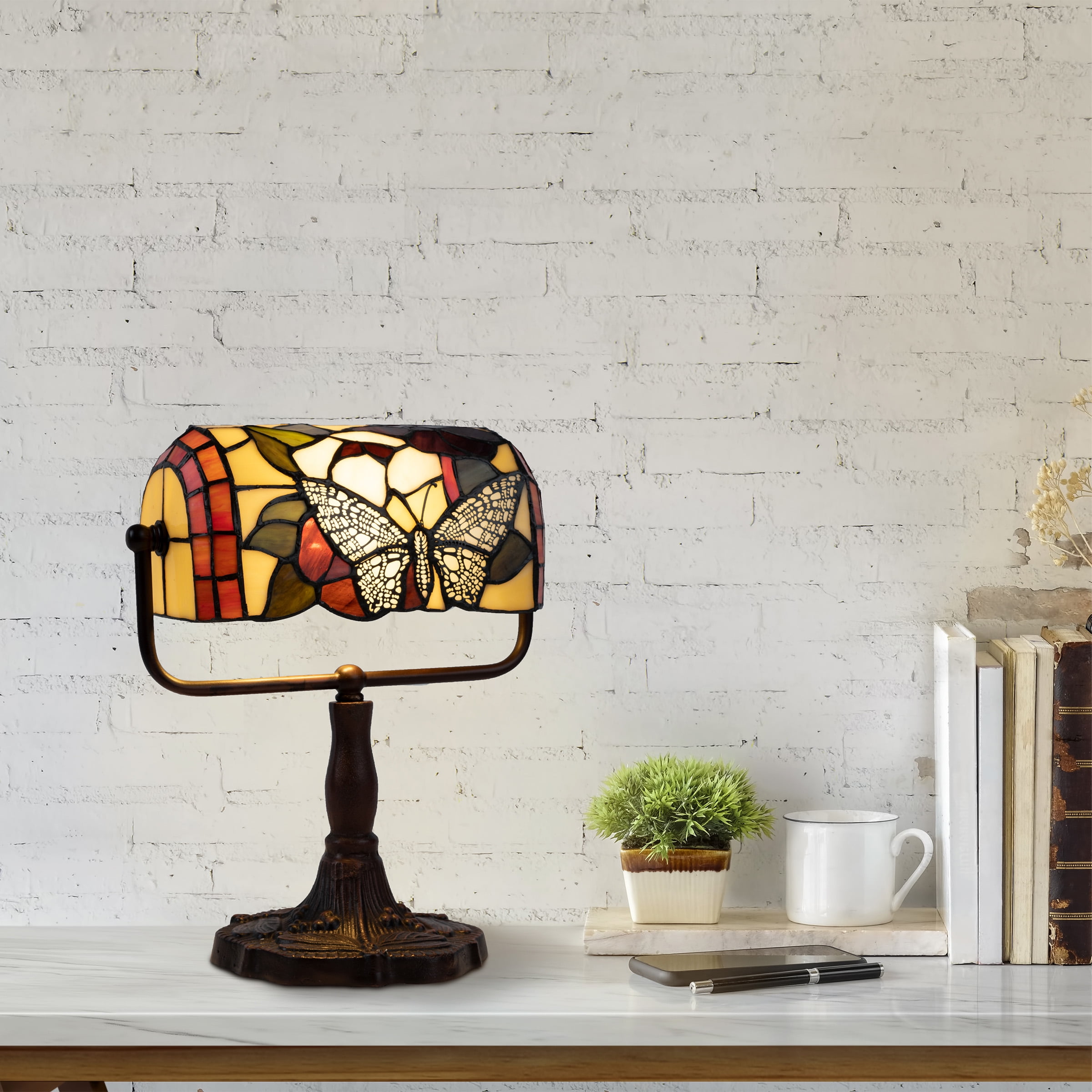 Lavish Home Tiffany Style Bankers Lamp Stained Glass Butterfly
