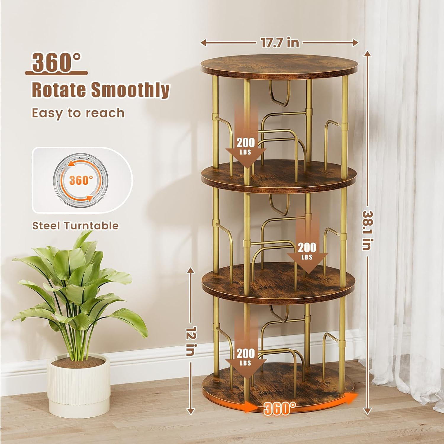 Flycity 3 Tier Rotate Bookcases, 360° Display Spin Bookcases Corner Shelf with Special Visible Partition Storage, Gold