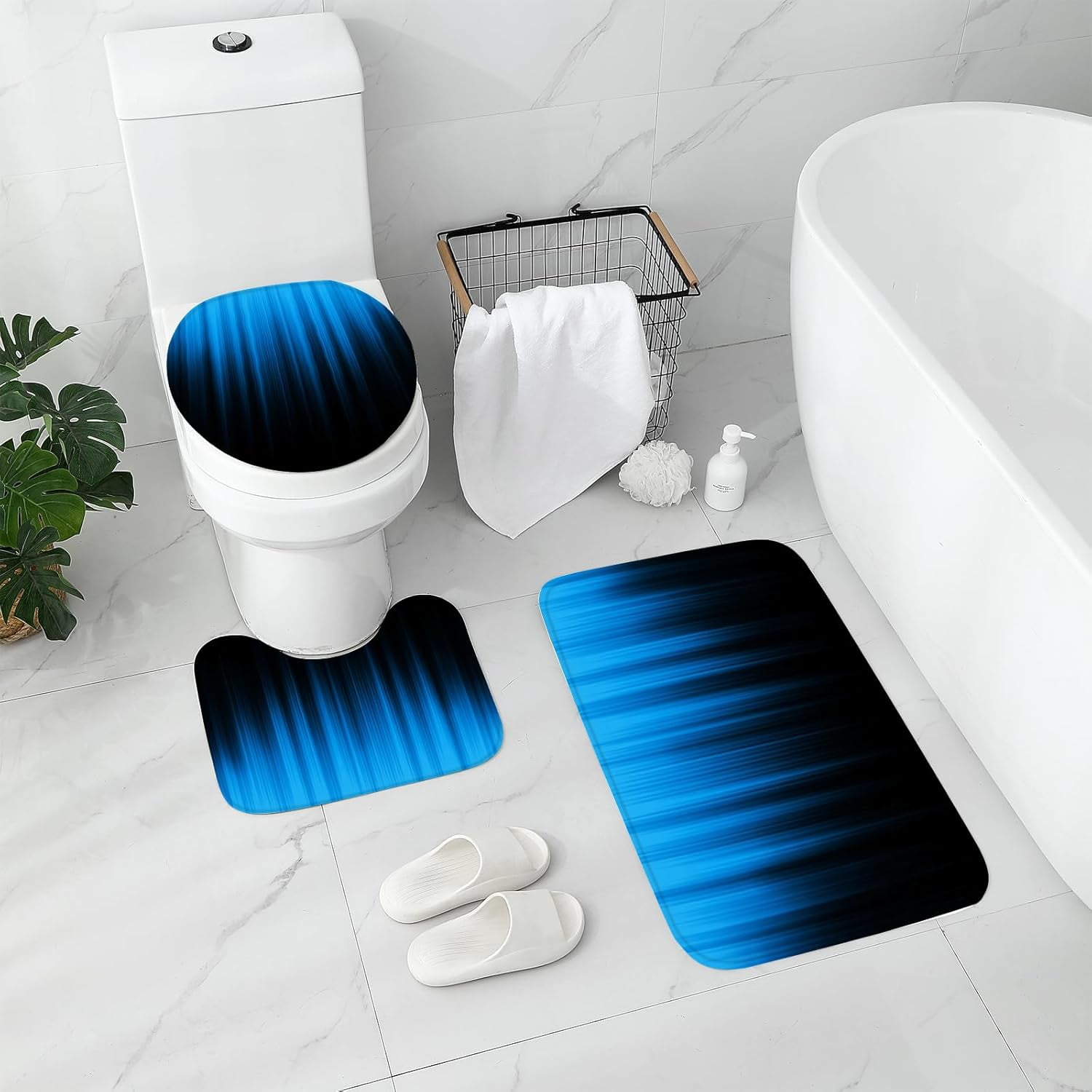 4 Pcs Teal and Black Shower Curtain Bathroom Set with Rugs, Toilet Lid Cover and Bath Mat, Gradient Teal Shower Curtain with 12 Hooks, Bathroom Decor Set