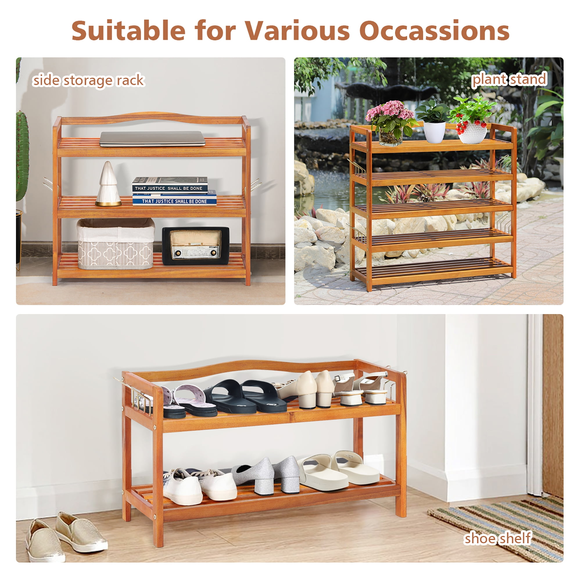 Costway 5-Tier Wood Shoe Rack Solid Acacia Wood Shoe Shelf with Side Metal Hooks