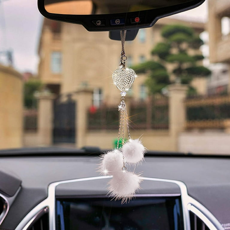 Car Rear View Mirror Hanging Accessories for Women, Pink/White Plush Ball  Car Rearview Mirror Charms, Lucky Ornament Pendant （Ca