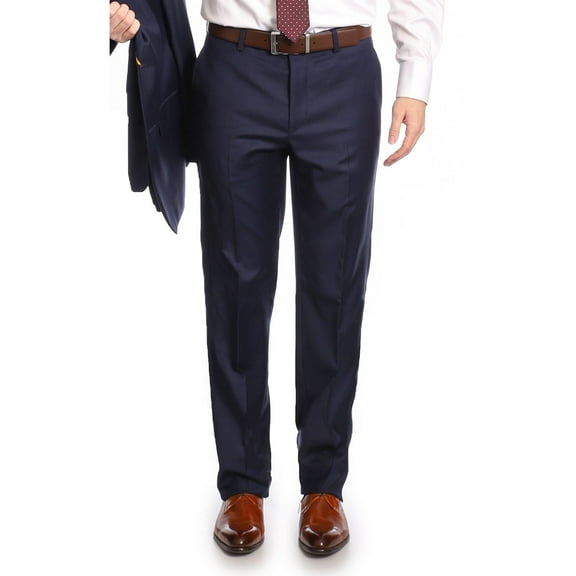 Mens Classic Fit Solid Navy Blue Flat Front Wool Dress Pants