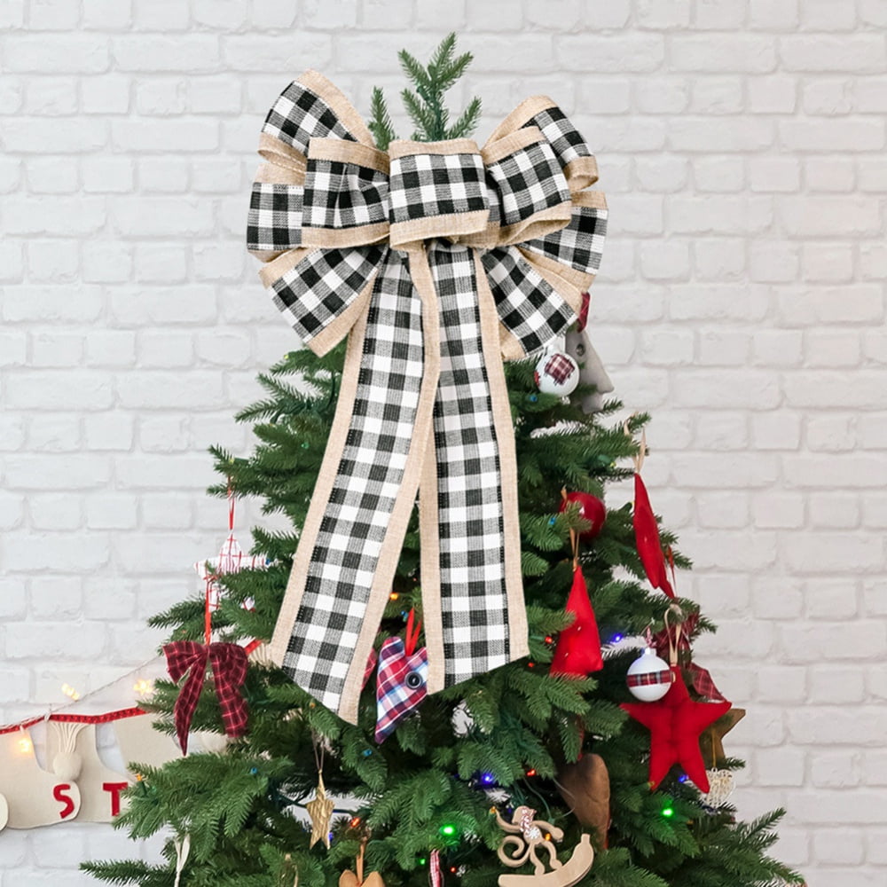 3 PCS Christmas Bows Tree Topper Red Black White Plaid Ornaments for Wreath Home Farmhouse