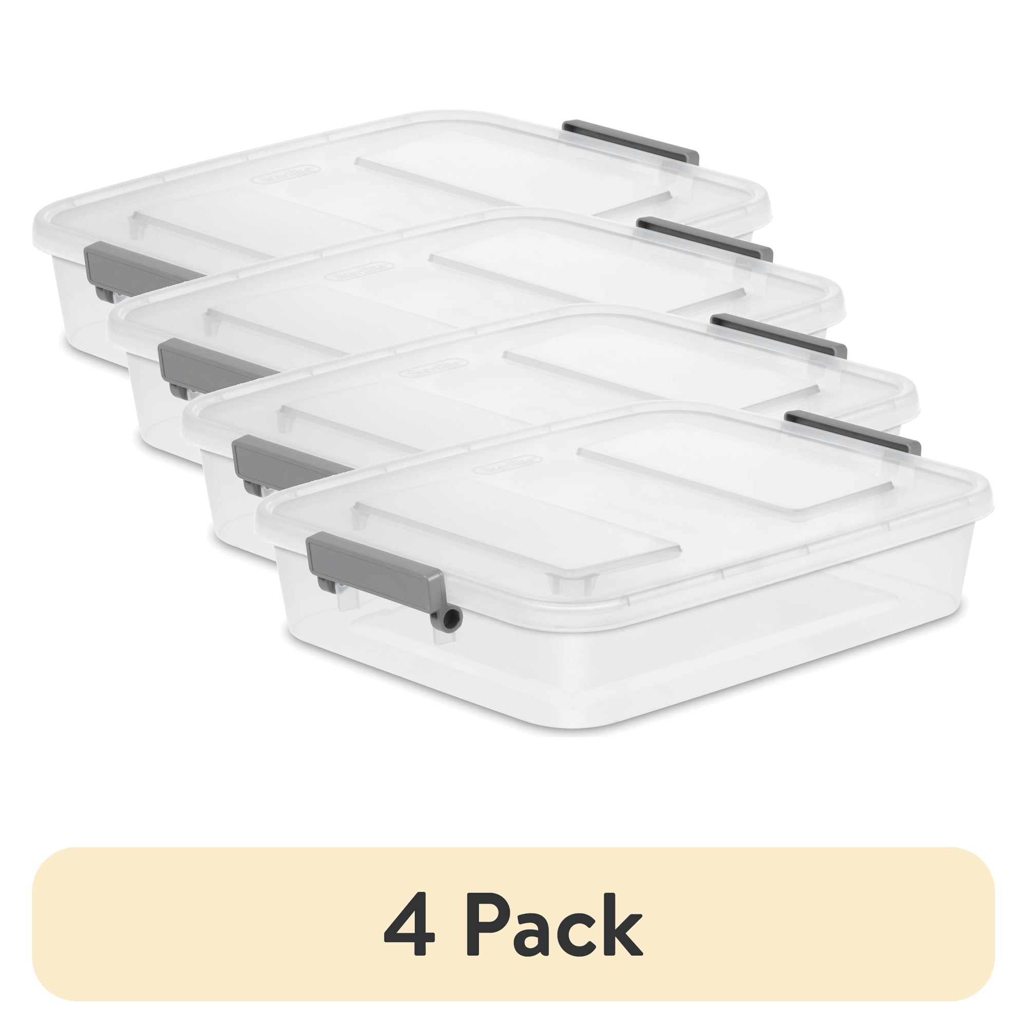 (4 pack) Sterilite Modular Small Storage Bin, 6.2 Quart Latching Clear Plastic Storage Container with Write-on ID Latches, Gray