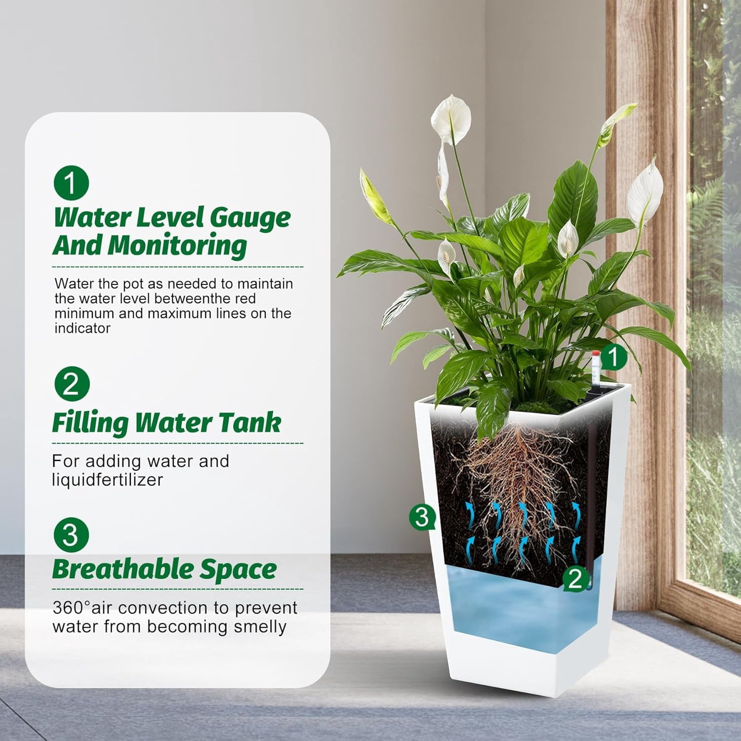 Garvee 16" Tall Self-Watering Planter Pots, Set of 4, Outdoor & Indoor Planters with Water Level Monitor and Drainage Holes, White
