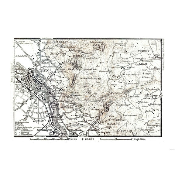 Historic Map - Thun Switzerland - Baedeker 1921 - Vintage Wall Art