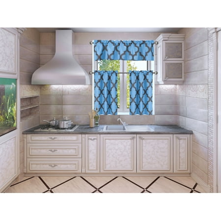 Brown And Turquoise Curtains 3-Piece Moza Turquoise/Brown Blackout Rod Pocket Kitchen Curtain Set, Two (2) Geometric Design Tier Panels with One (1) Matching Swag Valance Included ()