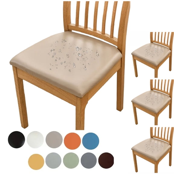 Fmxomd Waterproof PU Leather Seat Covers for Dining Chairs 4 Pack Stretch Dining Room Chair Seat Covers - Kitchen Chair Seat Covers Protectors - Khaki