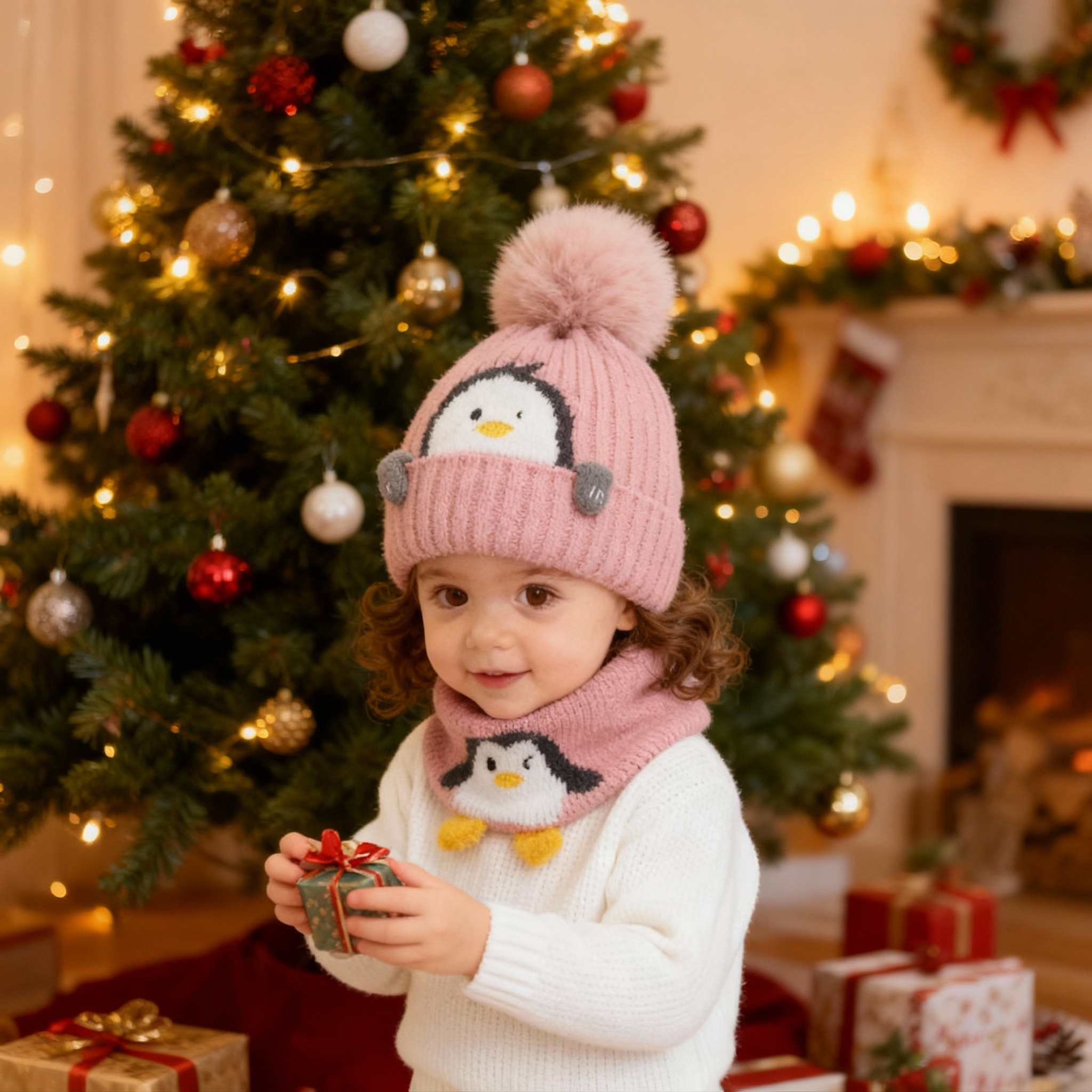 Baby Kids Winter Warm Hats, Infant Toddler Children Pom Pom Beanie Knit Cap Girls Boys-2 piece