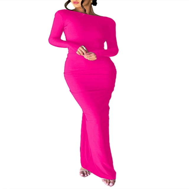 Robe Longue Moulante pour Femmes, Couleur Unie, Froncée, à Manches Longues, Robe de Soirée, Robe de Fête
