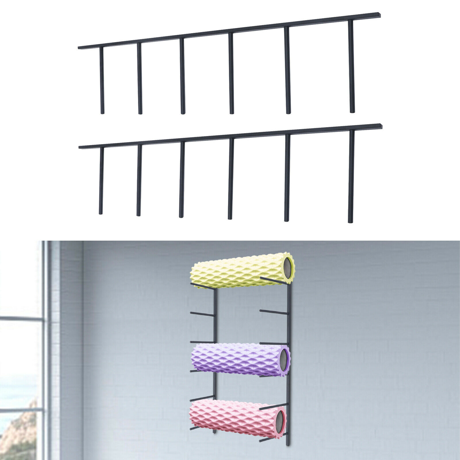 OUKANING 6Tier Wall Mount Yoga Mat holder & Foam Roller Rack Yoga Mat