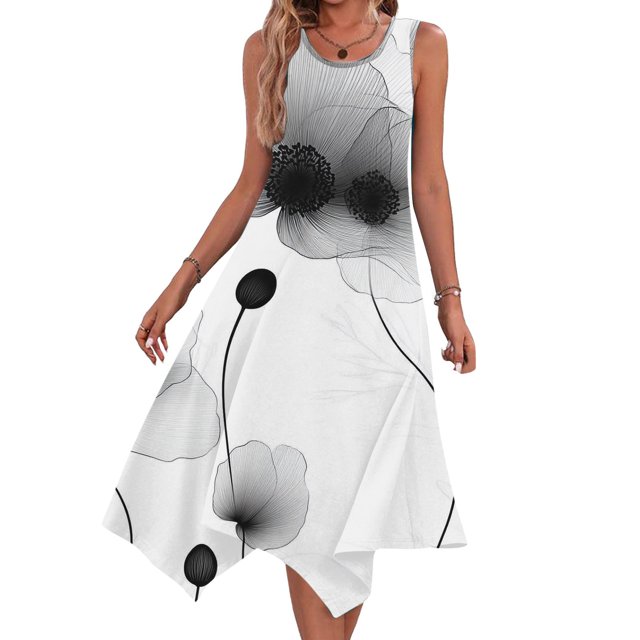 Ovzne Robes d'Été pour Femmes 2025 Robe pour Femme Robes Sans Manches Col Rond à Cordon Décontracté Volanté Robe Trapèze Mini Robe Vacances Liquidation