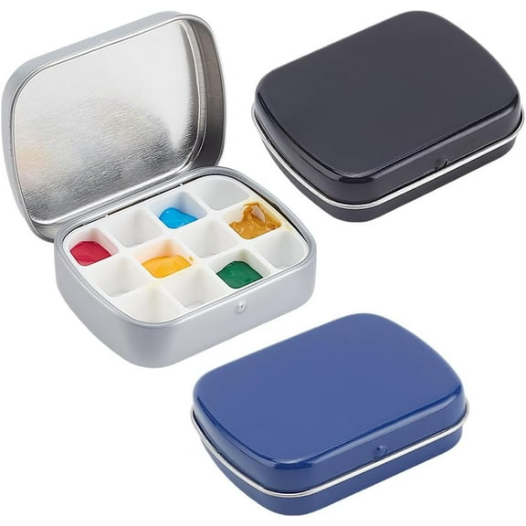 3Pcs 3 Colors Rectangle Iron Tin Cans with Hinged Lid with 12-Grid Plastic Empty Watercolor Paint Pans Mixed Color 5.1x6.2x1.6cm 1pc/color
