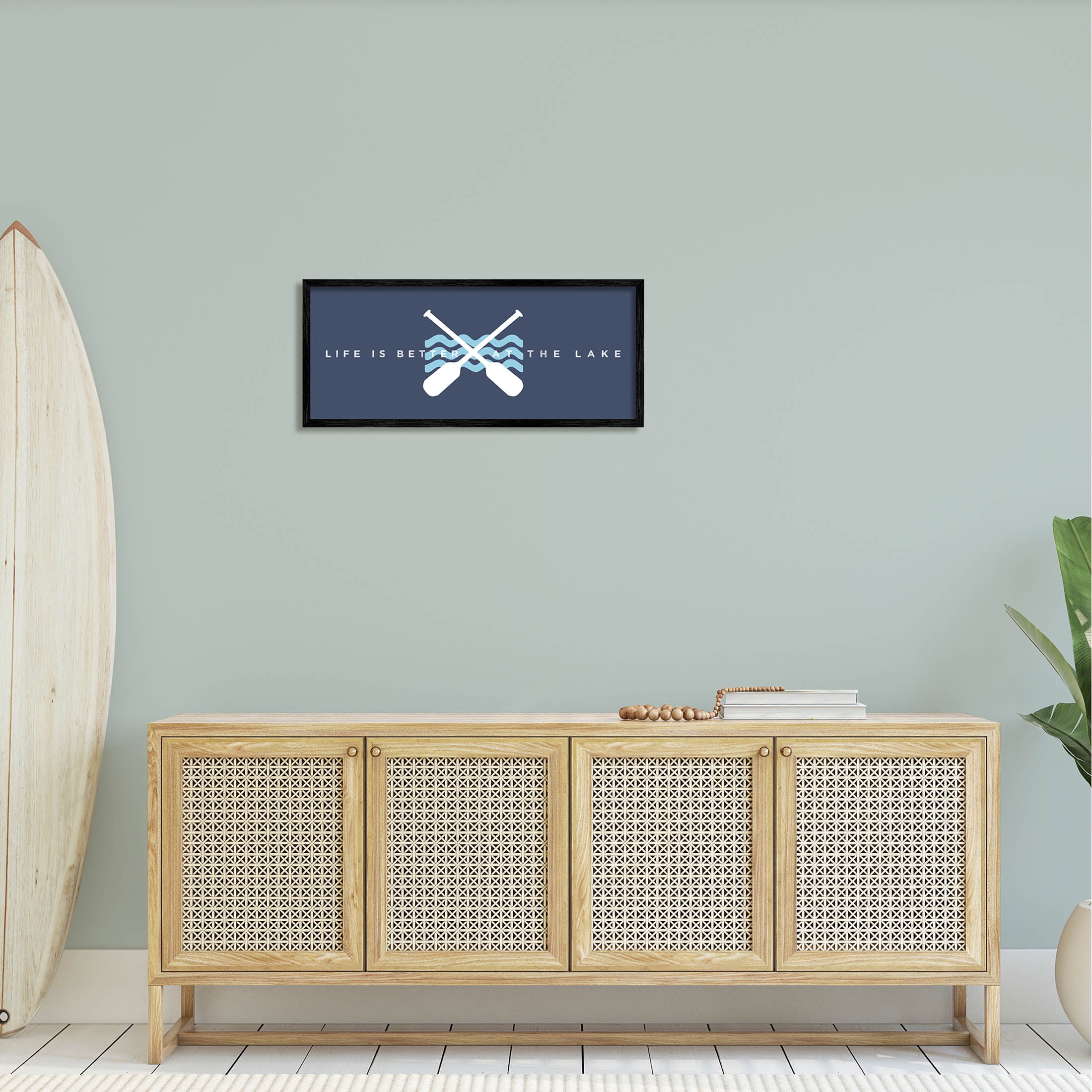 Life Better At Lake Crossed Oars Typography Graphic Art Black Framed Art Print Wall Art