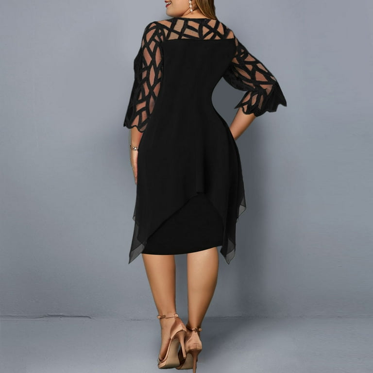 Womens Dress Black Dresses for Women Plus Size Dress with Chiffon Overlay  Hollow Out 3/4 Sleeve Knee Length Cocktail Dresses
