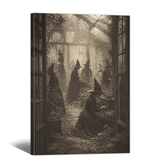 Gothic Witch and Misty Forest Canvas Wall Art Witchy Halloween Picture Print, Vintage Dark Academia Spooky Painting for Living Room Bedroom Home Office Decor