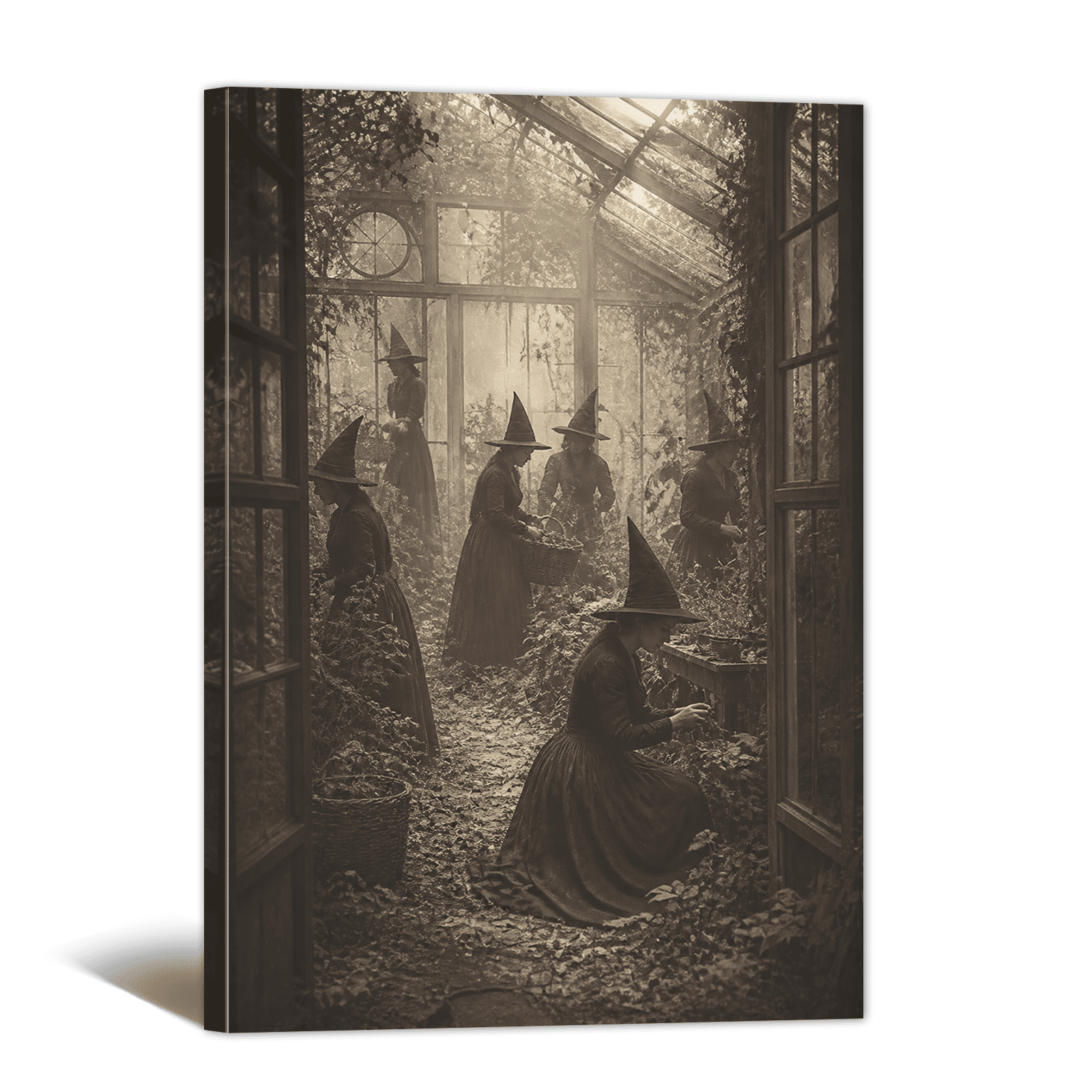 Gothic Witch and Misty Forest Canvas Wall Art Witchy Halloween Picture Print, Vintage Dark Academia Spooky Painting for Living Room Bedroom Home Office Decor