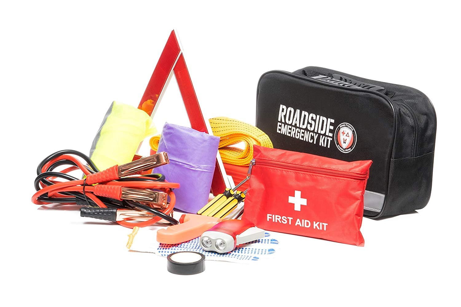 Roadside Assistance Car Emergency Kit - First Aid Kit, Jumper Cables, Tow Rope, LED Flash Light, Rain Coat, Tire Pressure Gauge, Safety Vest & More Ideal Winter Accessory For Your Car, Truck Or SUV