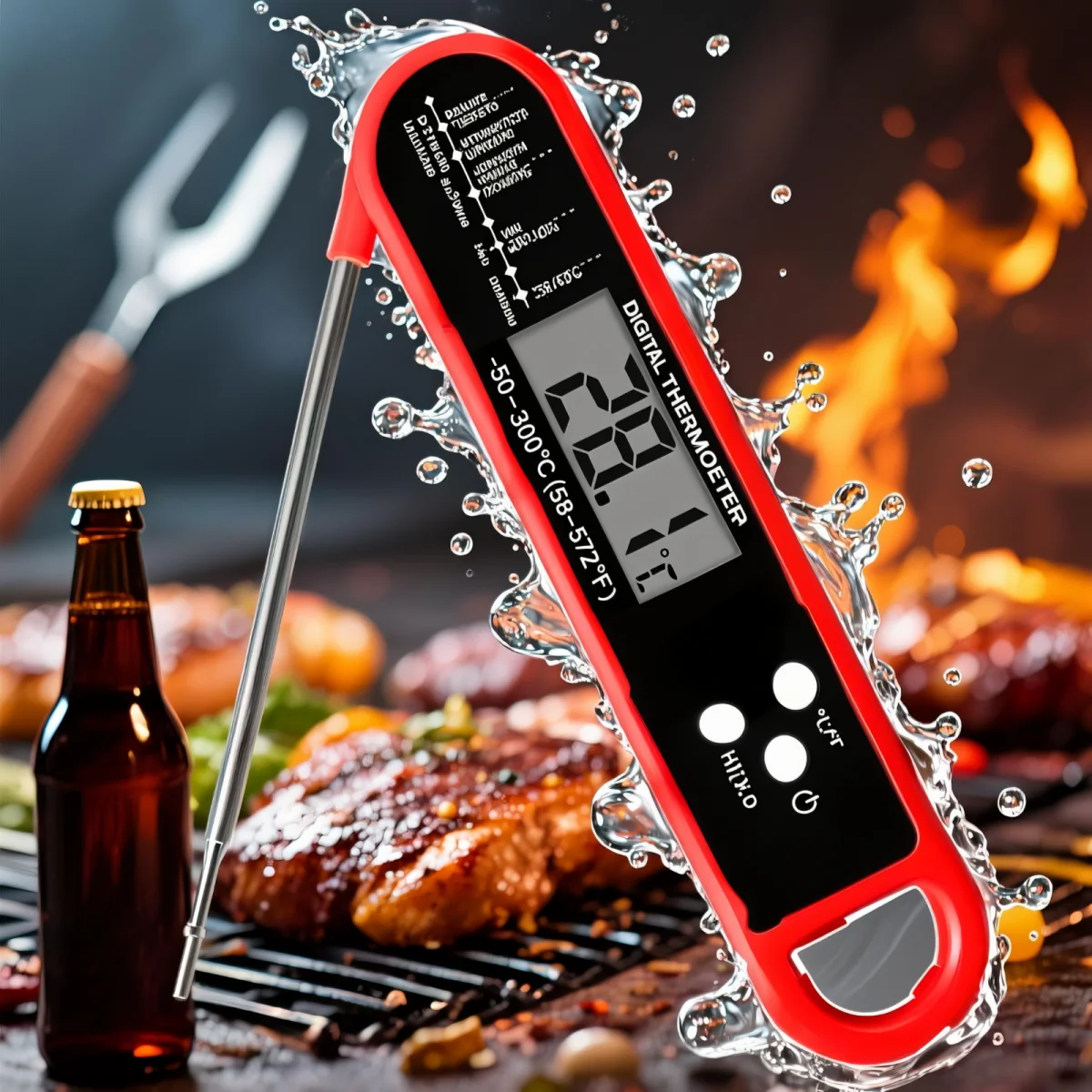 Digital Meat Thermometer for Grilling, Baking & Candy, Instant Read with Foldable Probe, Red/Black Dual Pack​