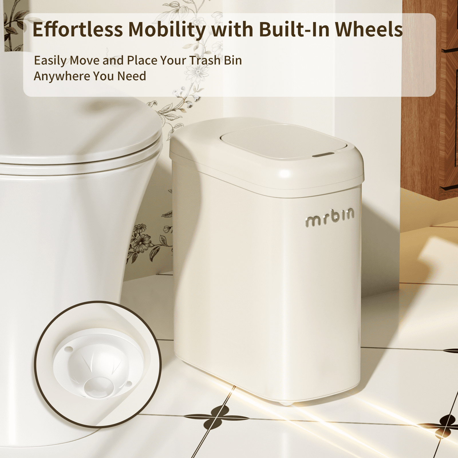 Motion Sensor Adsorption Bag Bathroom Metal Trash Can with Lid and Wheels, 10L/2.6gal Automatic Removable Slim Electric Narrow Waste Basket for Near Desk Office, Bedroom, Kitchen, Rv, White