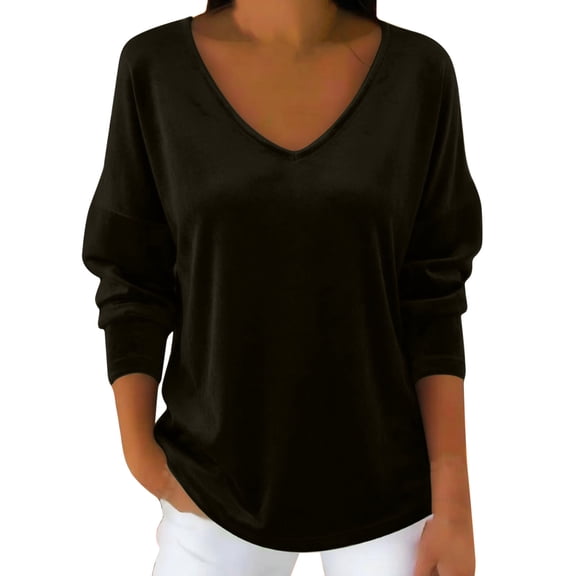 Tnhcen Women's Solid Color V Neck Long Sleeve Casual Top 100% Polyester Velour Loose Fit Blouse Plus Size S-2XL Basic Comfortable Essential Women's Shirt
