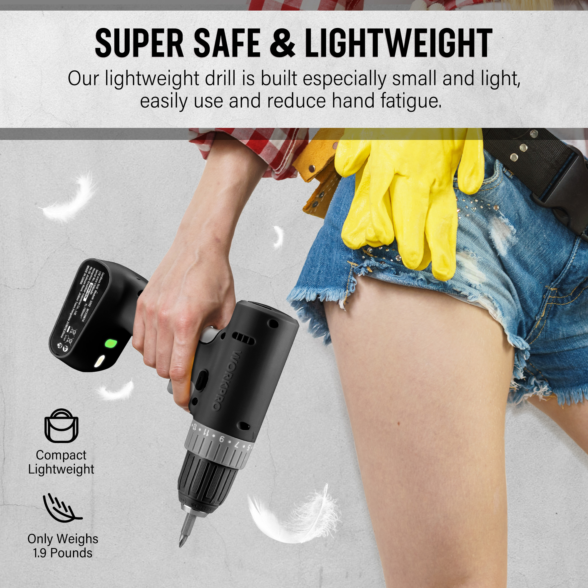 WORKPRO 12V Cordless Drill Set with Bits, 3/8" Keyless Chuck, 2-Speed, USB Type-C Charging Cable, Built-in LED Light, Compact for Home & DIY