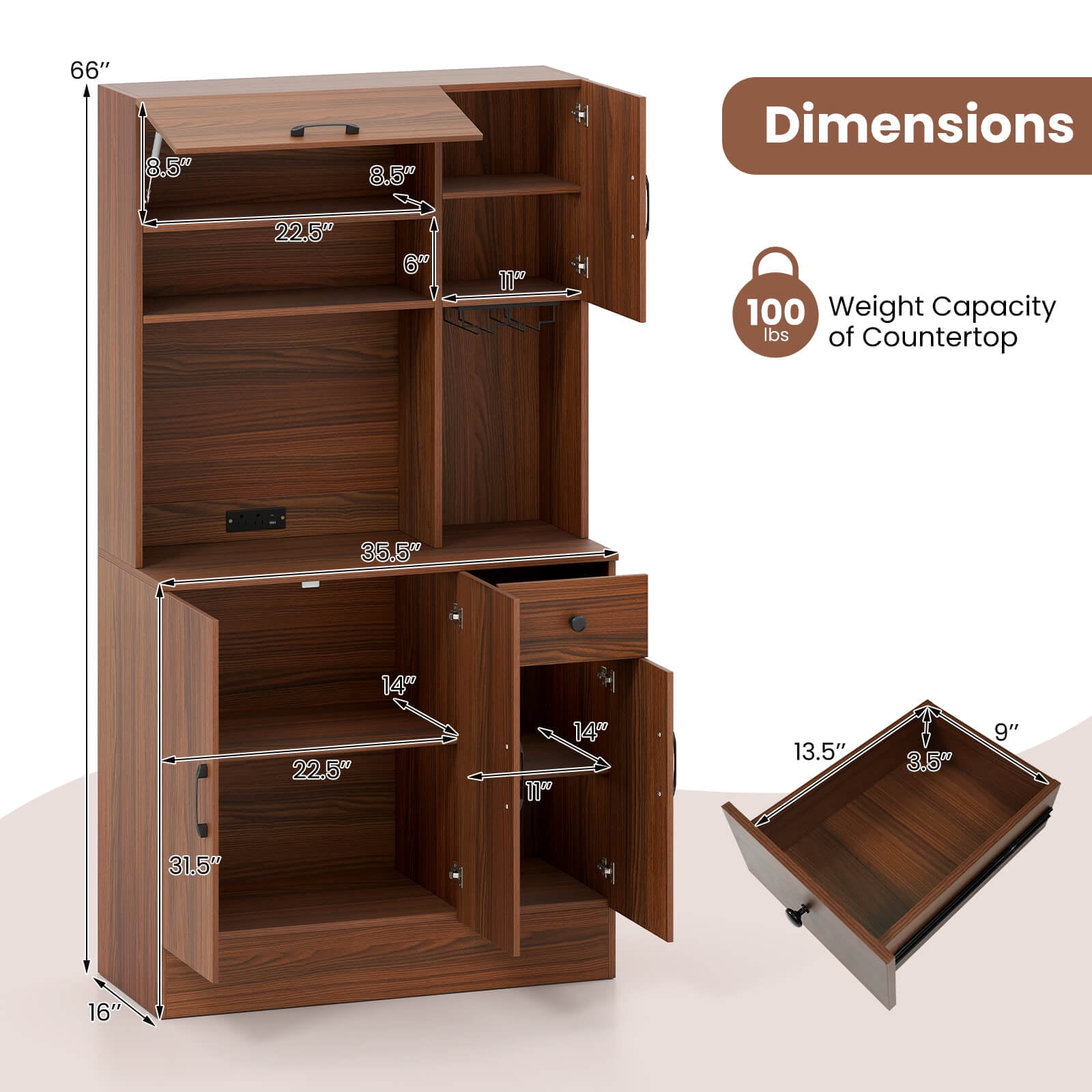 Costway 66" Pantry Cabinet Tall Kitchen Storage Cabinet with Charging Station Brown