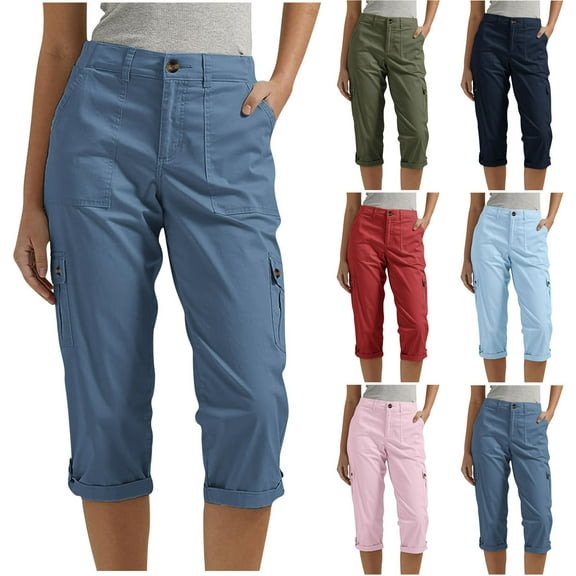 AGWOLF Cargo Capri Pants Women Casual Elastic Waist Button Capris Loose Fit Roll Hem Cropped Trousers with Pockets Lightweight Work Pants for Women