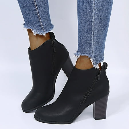 

Retro Women Leather Square Heel Zipper Solid Color Short Booties Round Toe Shoes