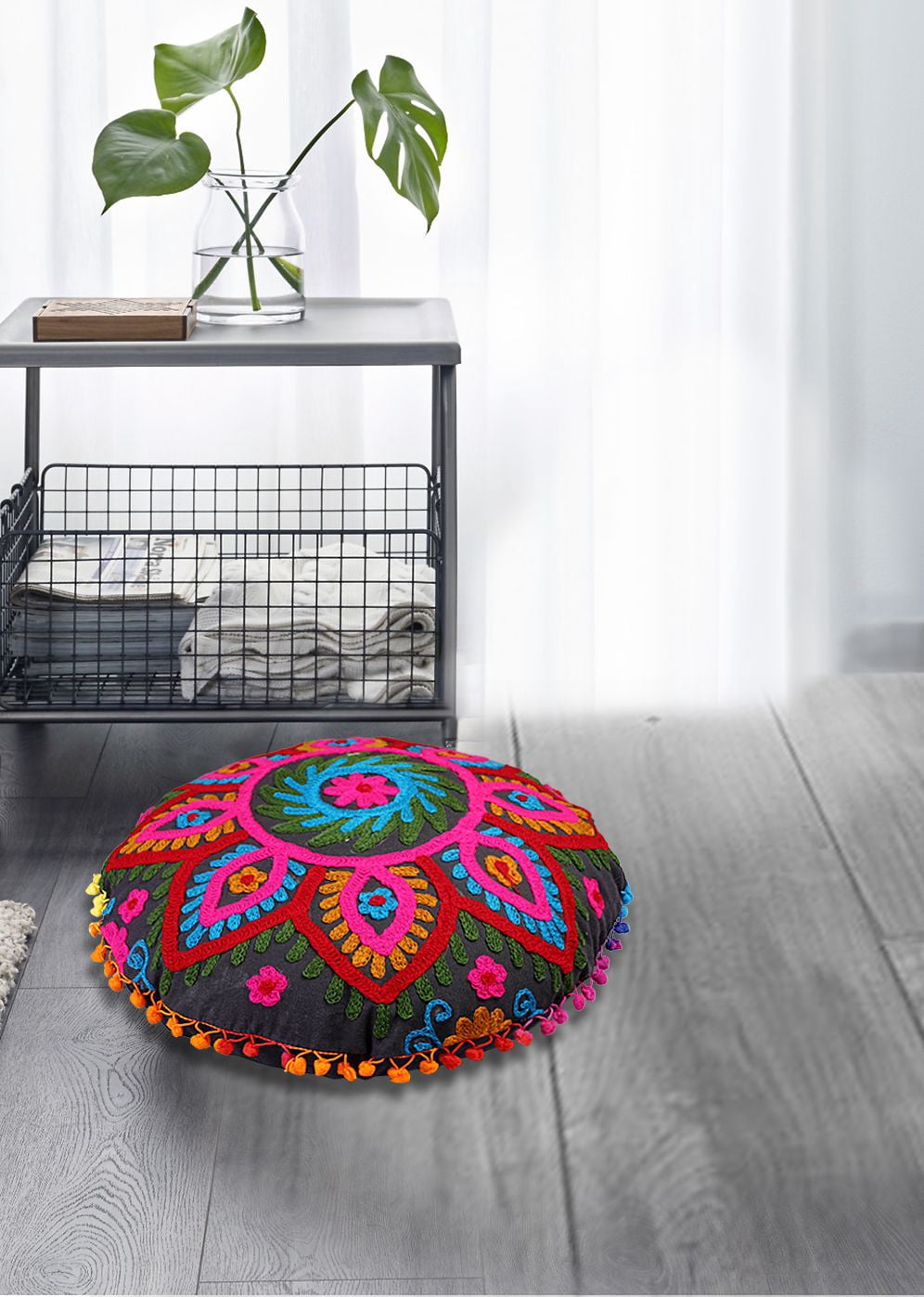 Cuscino Da Pavimento Rotondo Etnico Ricamato Suzani - 45 Cm, Nero/Rosso/Turchese, Con Pom Pom E Pizzo - 3