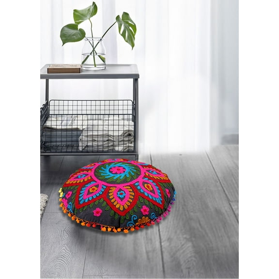 Stylo Culture Indian Yoga Throw Pillows For Bedroom Traditional Embroidered Suzani Cushion Cover Black 18x18 Small Decorative Round Decor Seating Tuffet Seat Pouf Cover Footstool Cotton Floral 1 Pc