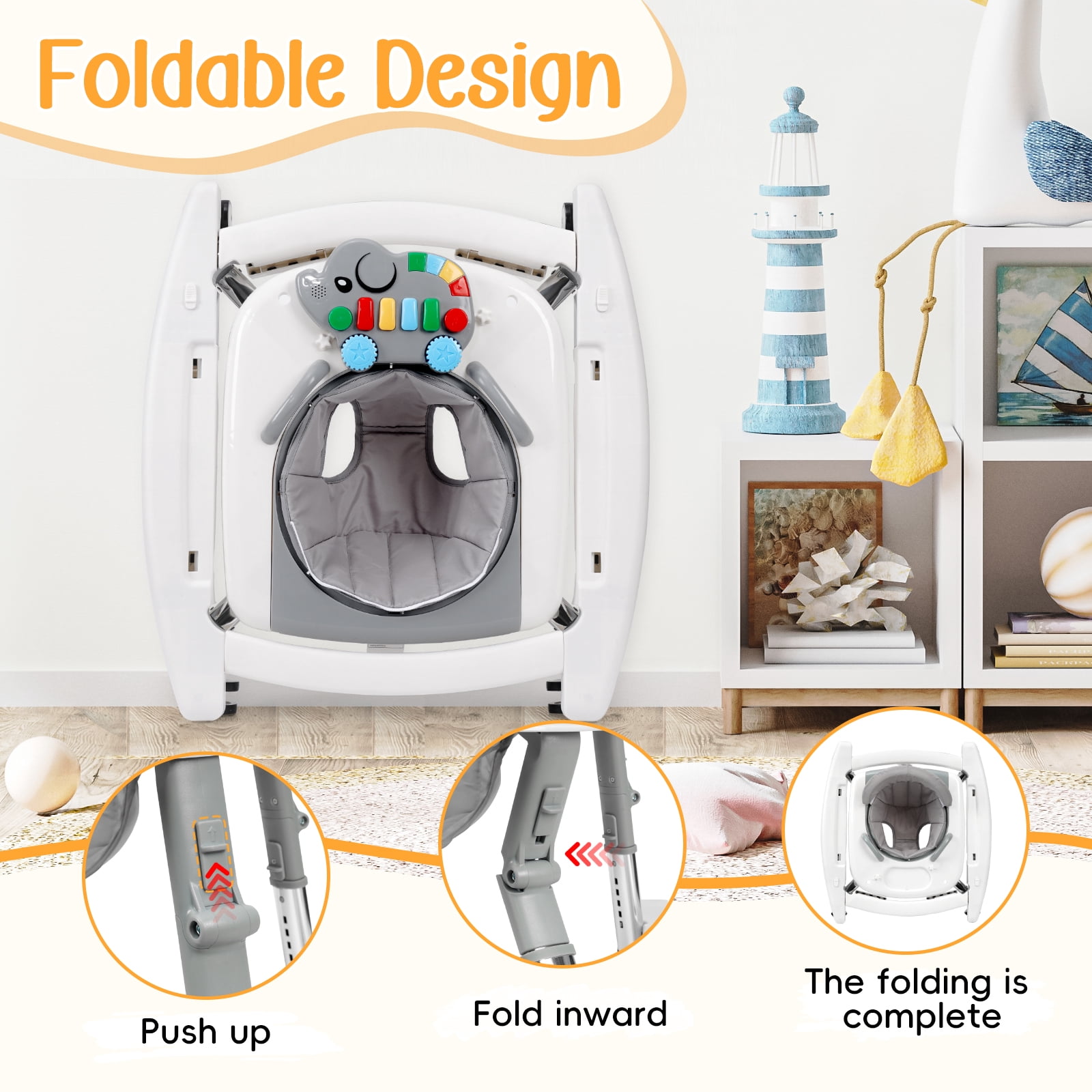 5-in-1 Foldable Baby Walker with Music & Lights – Adjustable Height, Bouncer, Wheels, Portable Toddler Walker for Baby Boys & Girls 6-18 Months, White