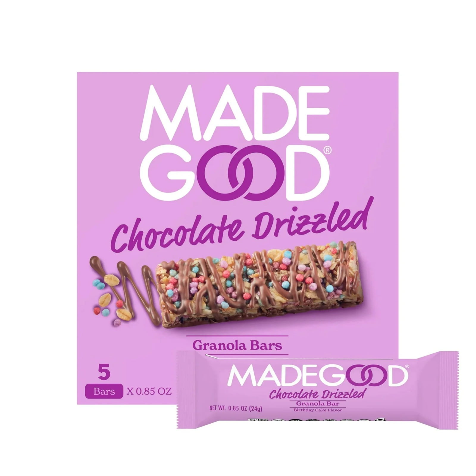 MadeGood, Granola Bars, Chocolate Drizzled, Birthday Cake, 5 Bars, 0.85 oz   (2 Pack)