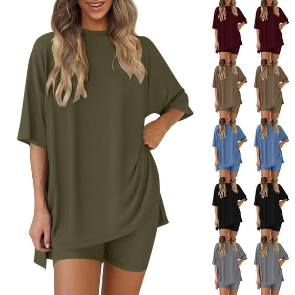 FRSASU Two Piece Sets for Women Summer Solid Oversized Short Sleeve Crewneck Set Slit T Shirts Outfits Biker Shorts Matching Set Wine