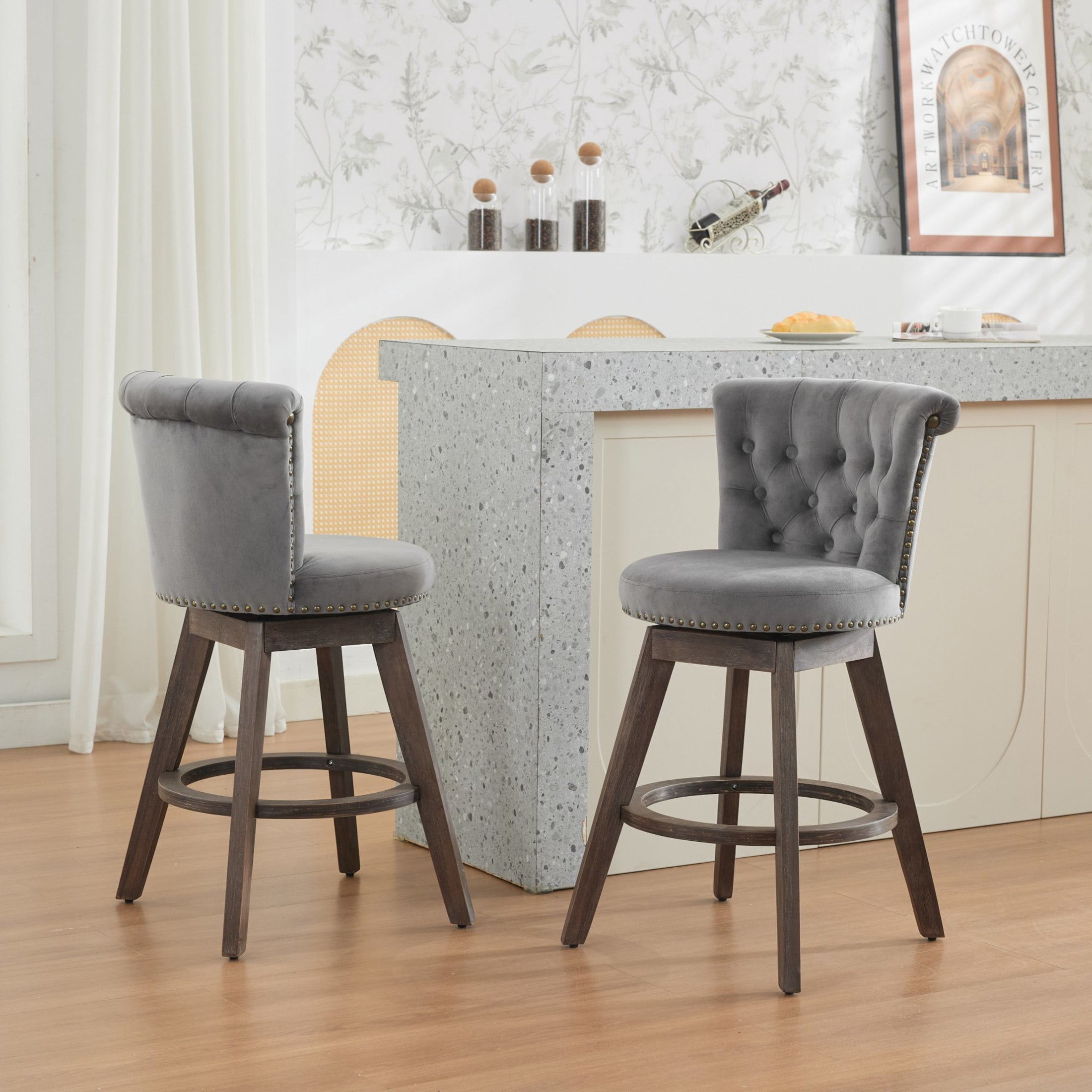 Noble House Set of 2 Counter Height Bar Stools, 360° Swivel Velvet Seats, Tufted Back, Gray
