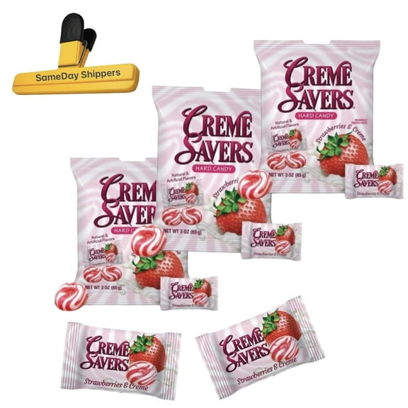 The Original Classic Creme Savers | Individually Wrapped Hard Candy Creme Savers - Strawberry and Creme - 3 OZ Bag of Each Flavor | SameDay Shippers Pen Included | 3 PACK KK17 KK17