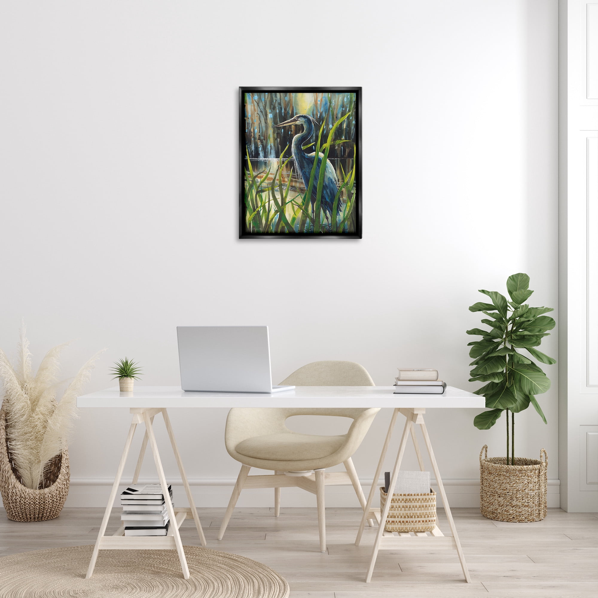 Stupell Industries Heron Between Pond Reeds Animals & Insects Painting Black Floater Framed Canvas Art Print Wall Art, 25 x 31