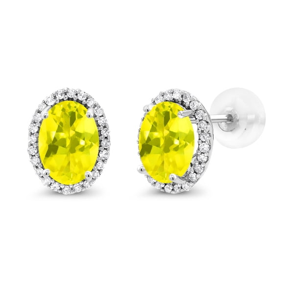 Gem Stone King 10K White Gold Canary Mystic Topaz and White Diamond Halo Stud Earrings for Women | 1.94 Cttw | Gemstone November Birthstone | Oval 7X5MM