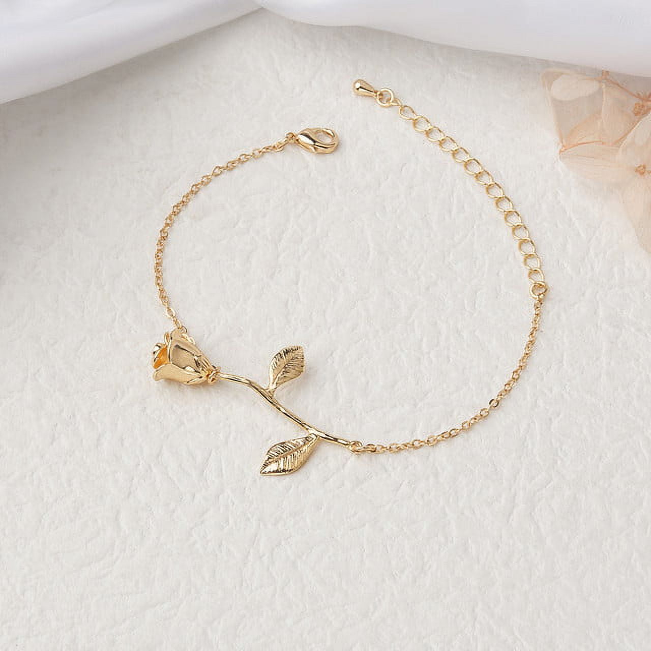 Gold Brass Rose Flower Bracelet Jewelry Valentine's Day Gift Set for Her
